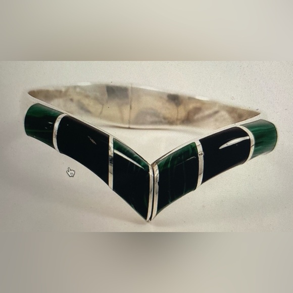 TAXCO Sterling Silver Malachite & Onyx Chevron Hinged Bracelet Stamped Mexico HP - Picture 10 of 14